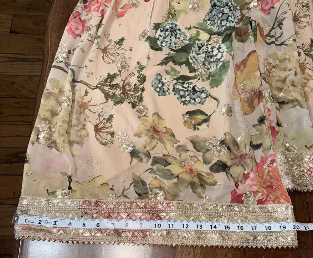 Floral Chiffon Palazzo Pants Wide Leg Beaded Sequin Lined Skirt Look Boho L - Picture 11 of 11